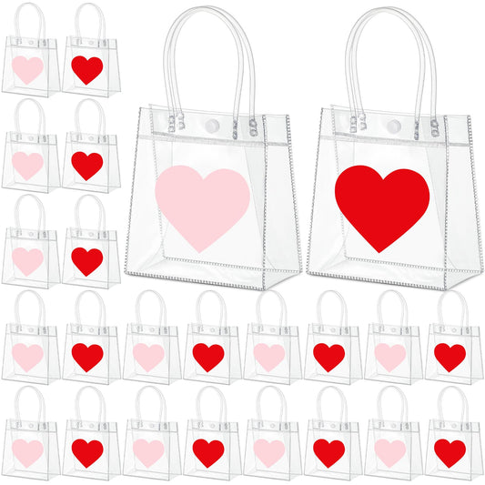 Aliceset 24 Pcs Heart Gift Bags Bulk Clear PVC Gift Bags with Handles Heart Pattern Reusable Transparent Tote for Party Favors Candy Treat for Women Mother`s Day (Love, 6.31"x 5.91"x 3.15")