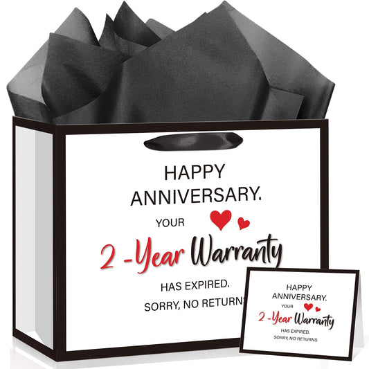 Anniversary 2 Year Gift Bag for Men Women Funny 2nd Anniversary Wedding Marriage Gift Bags with Wrapping Paper Card Second Anniversary Party Favors Decor Supplies Husband Wife Boyfriend Girlfriend