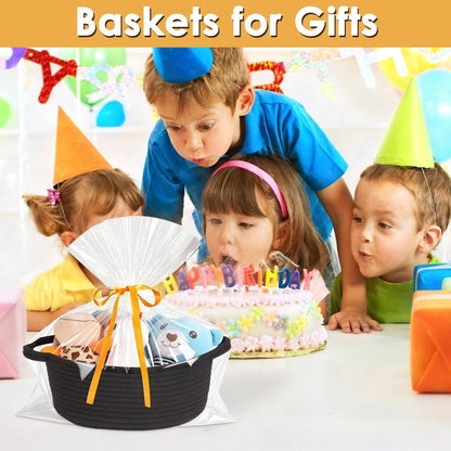 Small Woven Basket with Gift Bags and Ribbons,Cotton Rope Gifts Basket with Handles, Black, Oval Storage Organizer, 12x8x5 inches,Cute baby basket for Toys,nursery