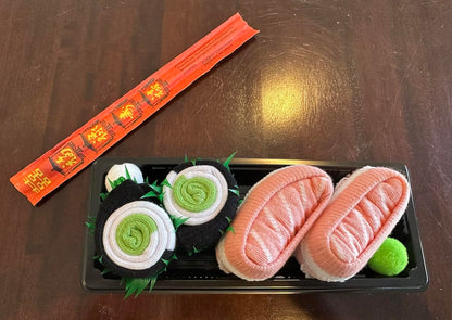 Sushi Socks Box: 2 pairs featuring Salmon Nigiri and Cucumber Maki designs. So cute and comfy! Stretchy, and unisex.