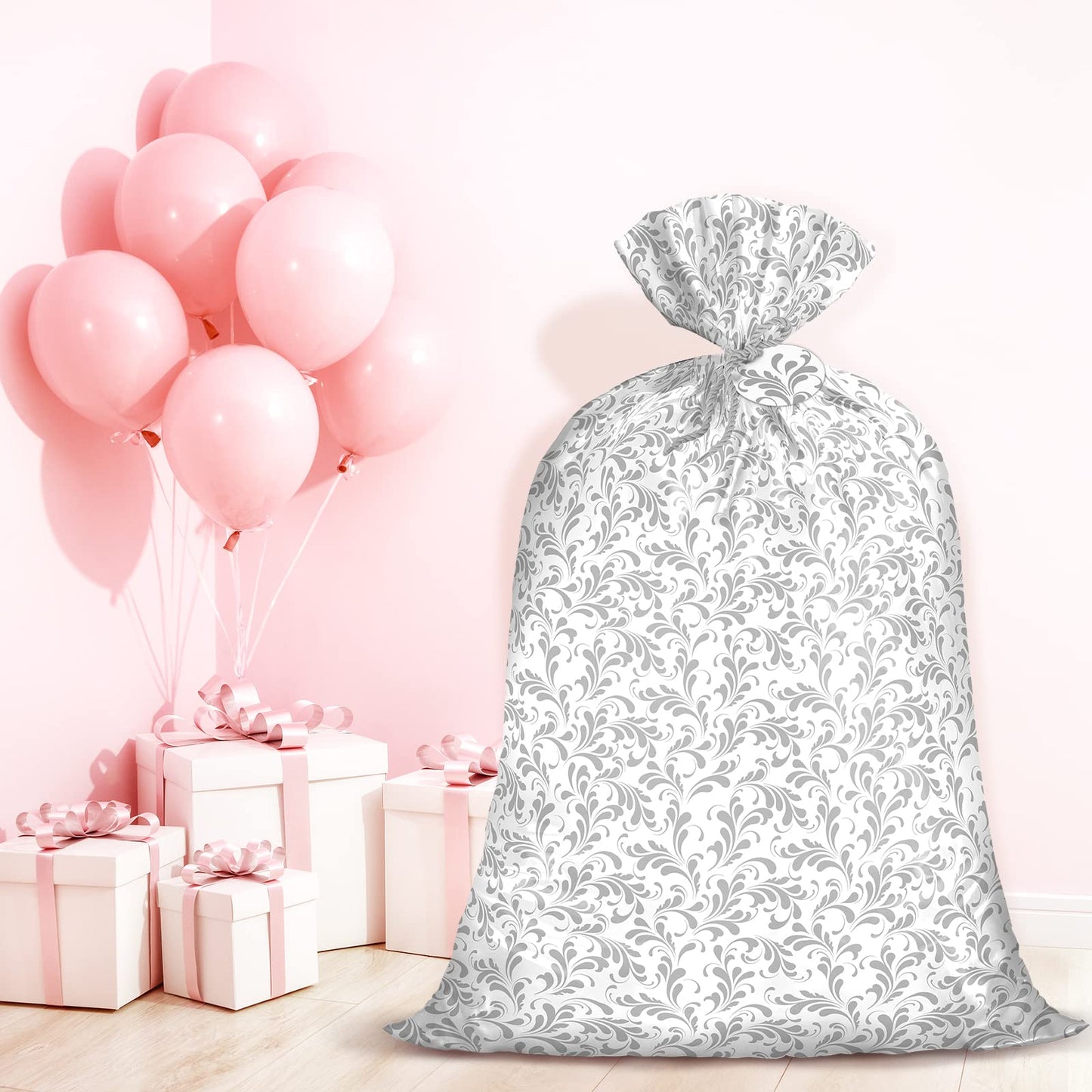 WRAPAHOLIC 56" Large Plastic Gift Bag - Silver Floral Jumbo Bike Bag Gift Wrap for Birthdays, Mother's Day, Wedding, Baby Shower, Parties, or Any Occasion - 56" H x 36" W
