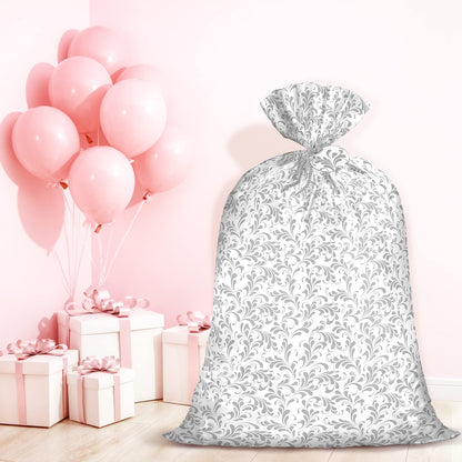 WRAPAHOLIC 56" Large Plastic Gift Bag - Silver Floral Jumbo Bike Bag Gift Wrap for Birthdays, Mother's Day, Wedding, Baby Shower, Parties, or Any Occasion - 56" H x 36" W