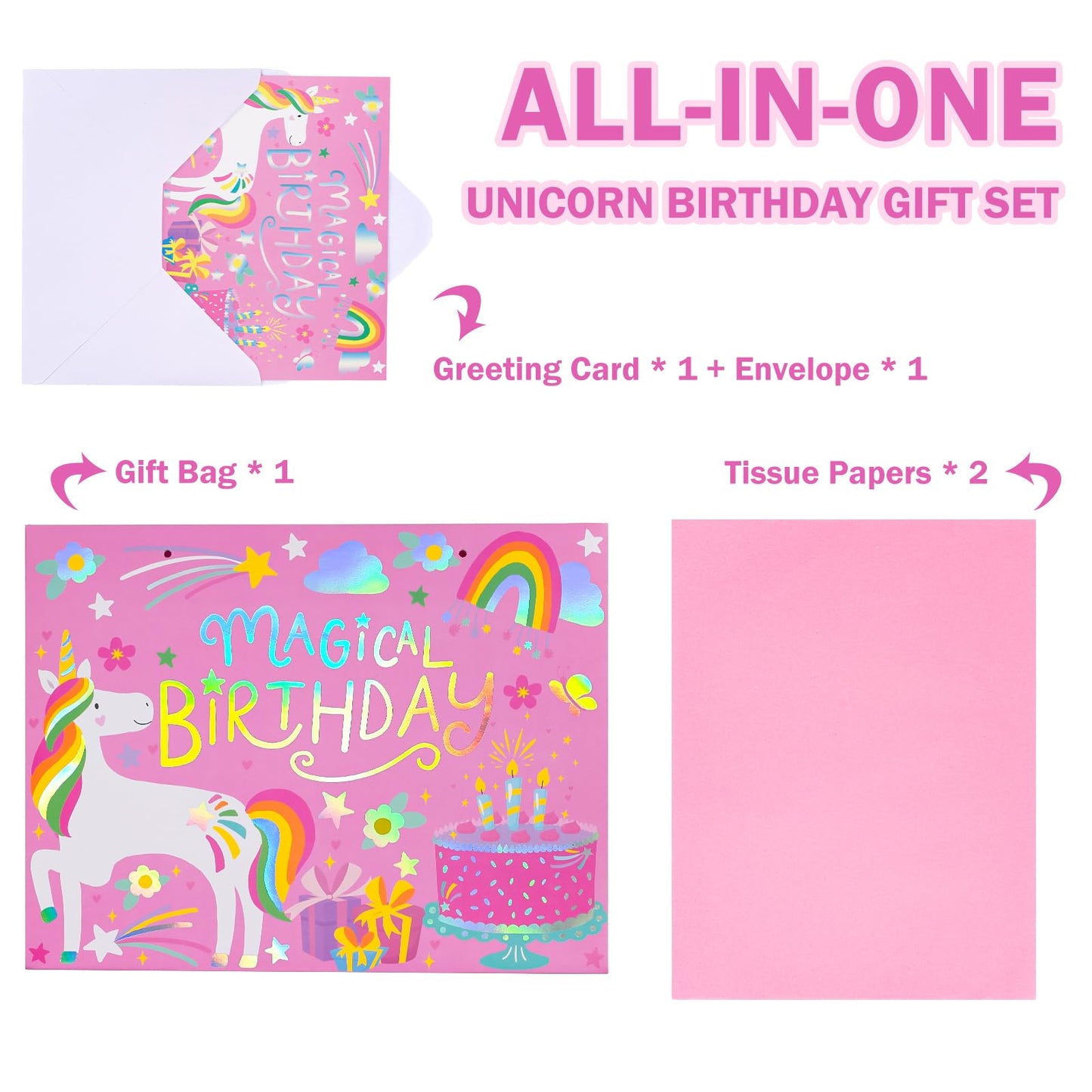 WRAPAHOLIC 13" Large Unicorn Birthday Gift Bag with Card and Tissue Paper - Rainbow Foil Unicorn Paper Bags for Baby Girl Shower and Birthday