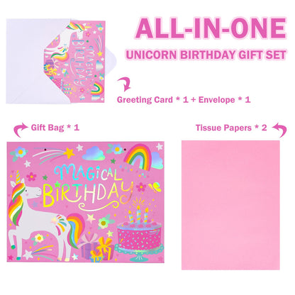 WRAPAHOLIC 13" Large Unicorn Birthday Gift Bag with Card and Tissue Paper - Rainbow Foil Unicorn Paper Bags for Baby Girl Shower and Birthday
