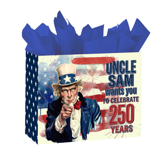 Loveinside 13" Large 250 Years Patriotic Gift Bag, Uncle Sam Red White Blue Design Gift Bag with Tissue Paper for 4th of July, America 250th Anniversary Celebration, 13" x 5" x 10", 1 Pcs