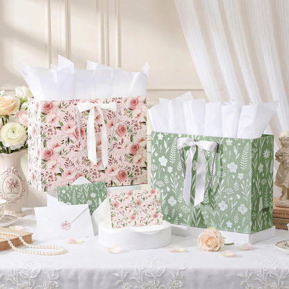 Silkfly 2 Pack Large Floral Gift Bags with Tissue Paper Ribbon Card & Envelope 13'' Flower Gift Bags for Woman Wedding Bridal Shower Baby Shower Birthday Spring Tea Party Flower Girl
