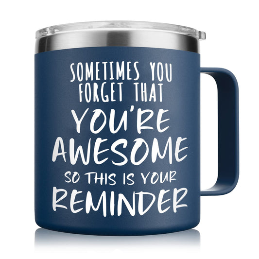 NOWWISH Inspirational Coffee Mug for Men, 14oz Vacuum Insulated Stainless Steel Cup, You Are Awesome Gift for Husband, Boyfriend, Dad - Navy Blue