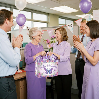 Purple Retirement Gift Bag for Women Butterfly Retirement Wrapping Paper Bag with Tissue Paper and Card Retired Gifts for Women Purple Retired Decorations Supplies for Going Away Farewell Party