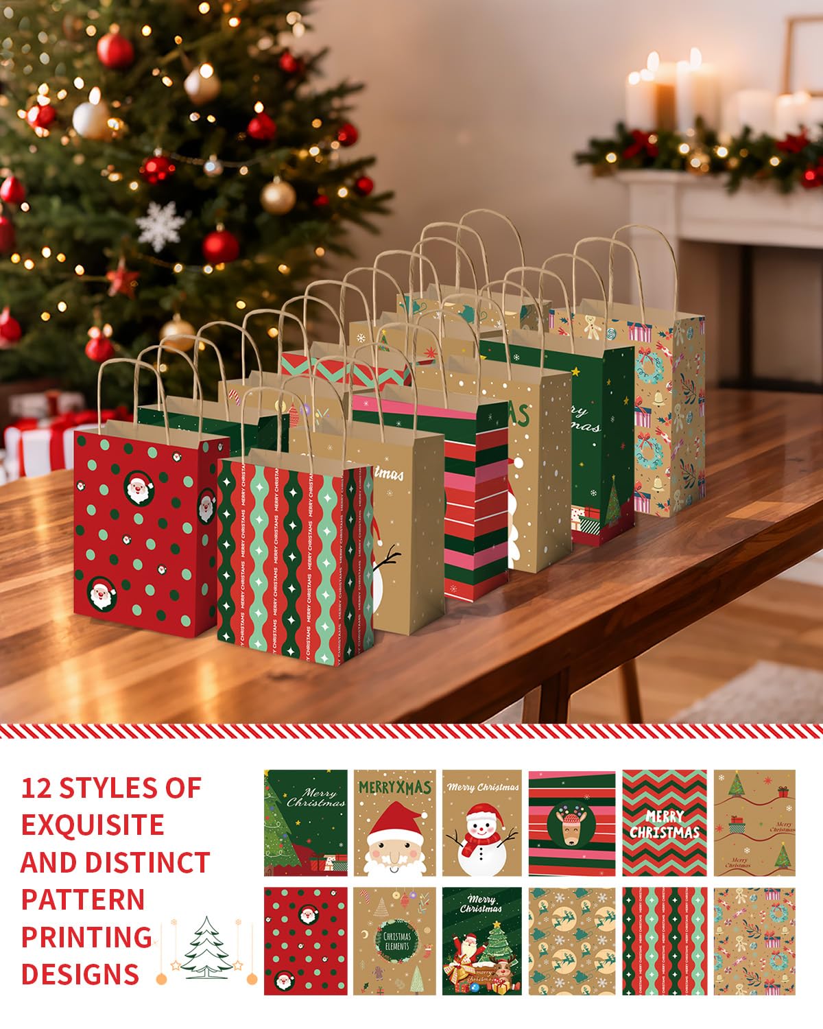Bolthy Mid 24PCS Christmas Gift Bags 8" L × 4.25" W × 10.5" H - 12 Assorted Designs Kraft Paper Gift Bags, Eco-Friendly Durable Sac Cadeau for Holidays, Party Favors & Decorative Packaging