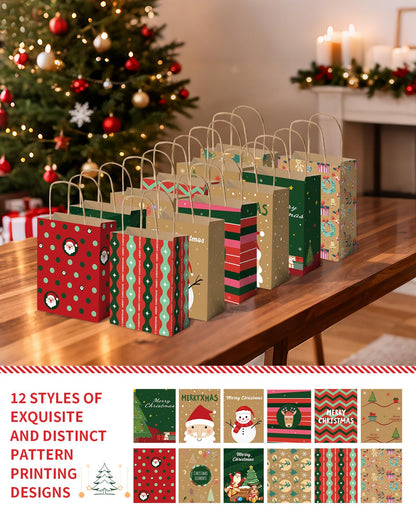 Bolthy Mid 24PCS Christmas Gift Bags 8" L × 4.25" W × 10.5" H - 12 Assorted Designs Kraft Paper Gift Bags, Eco-Friendly Durable Sac Cadeau for Holidays, Party Favors & Decorative Packaging