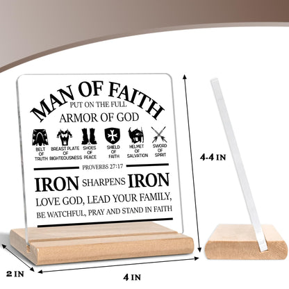 Christian Gifts for Men, Man of Faith Put on the Full Armor of God Quotes Bible Verse Acrylic Plaque Sign, Inspirational Bible Gift for Office Home Decor(A)