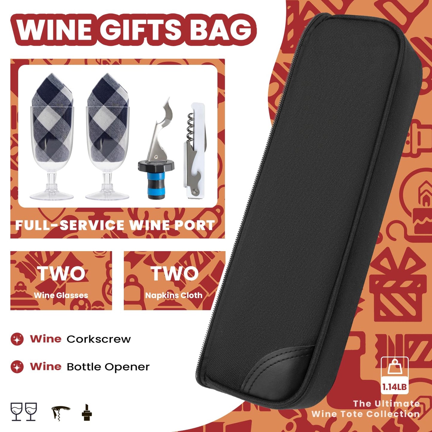 ALLCAMP Wine Bag - Insulated Cooler Bag with Wine Glasses, Bottle Opener & Wine Accessories for Wine Lovers - Portable Wine Gift Bag for Travel, Picnics, and Gift Ideas(Black)