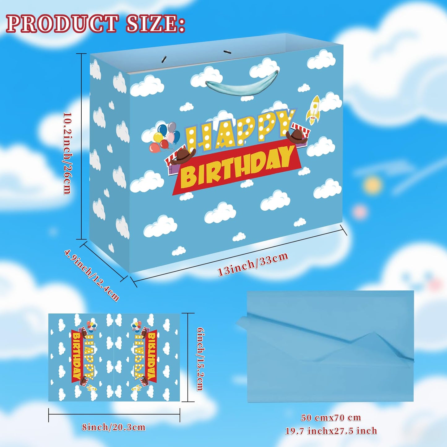 Blue Sky White Clouds Gift Bag - Extra Large Happy Birthday Bags with Card & Tissue Paper - Cheerful Cartoon Story Design for Kids Parties, Baby Showers & Celebrations