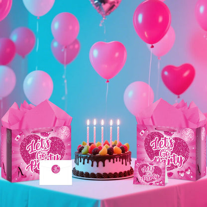 Allparty 11.8” Hot Pink Gift Bag, Let’s Go Party Design with Wrapping Paper, Card, Envelope & Sticker for Girls Birthday, Bridal Shower, Bachelorette Party Supplies
