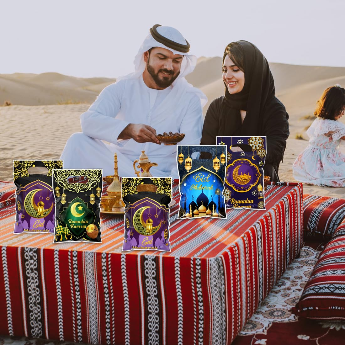 50pcs Eid Mubarak Gift Bags with Die Cut Handles, 4 designs - Golden Crescent Moon Lantern Muslim Mosque Print Goodie Candy Snack Plastic Gift Bags Pouch for Eid Al-fitr Ramadan Islamic Diwali Party