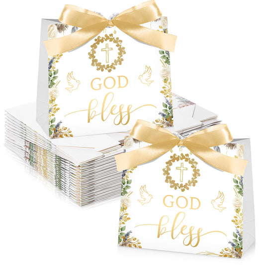 Kolldenn 25 Pack Baptism Gift Bags for Guests Gold God Bless Paper Gift Bags with Handles and Bow Ribbon for Baptism Guests Theme Party Favors Christenings Easter