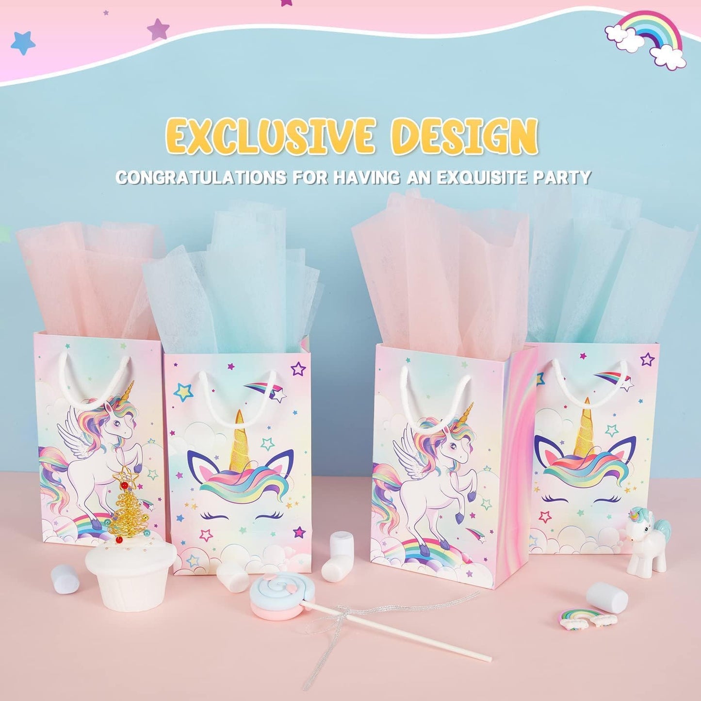 WERNNSAI 16PCS Unicorn Gift Bags - Rainbow Unicorn Party Supplies Goodie Bags for Girls Kids Birthday Unicorns Party Favor Bag with Handles Candy Treat Bag for Baby Shower Supplies