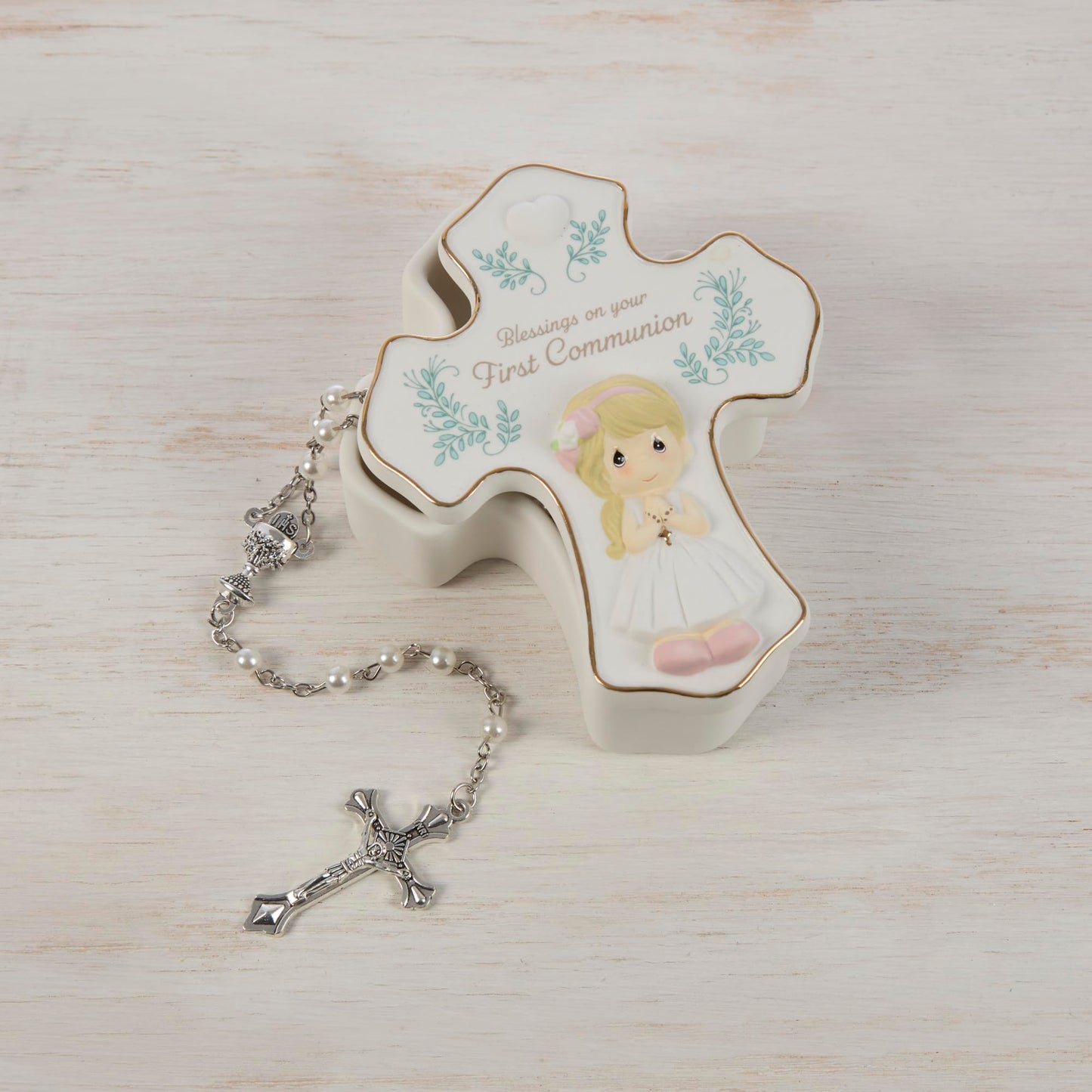 Precious Moments Blessings On Your First Communion, Bisque Porcelain Rosary Box with Rosary, First Communion Gift for Girls, Religious Keepsake for Catholic and Christian Faith