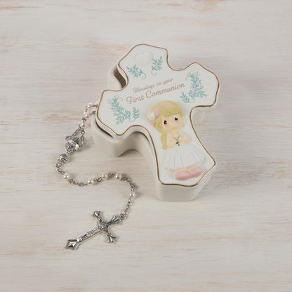 Precious Moments Blessings On Your First Communion, Bisque Porcelain Rosary Box with Rosary, First Communion Gift for Girls, Religious Keepsake for Catholic and Christian Faith