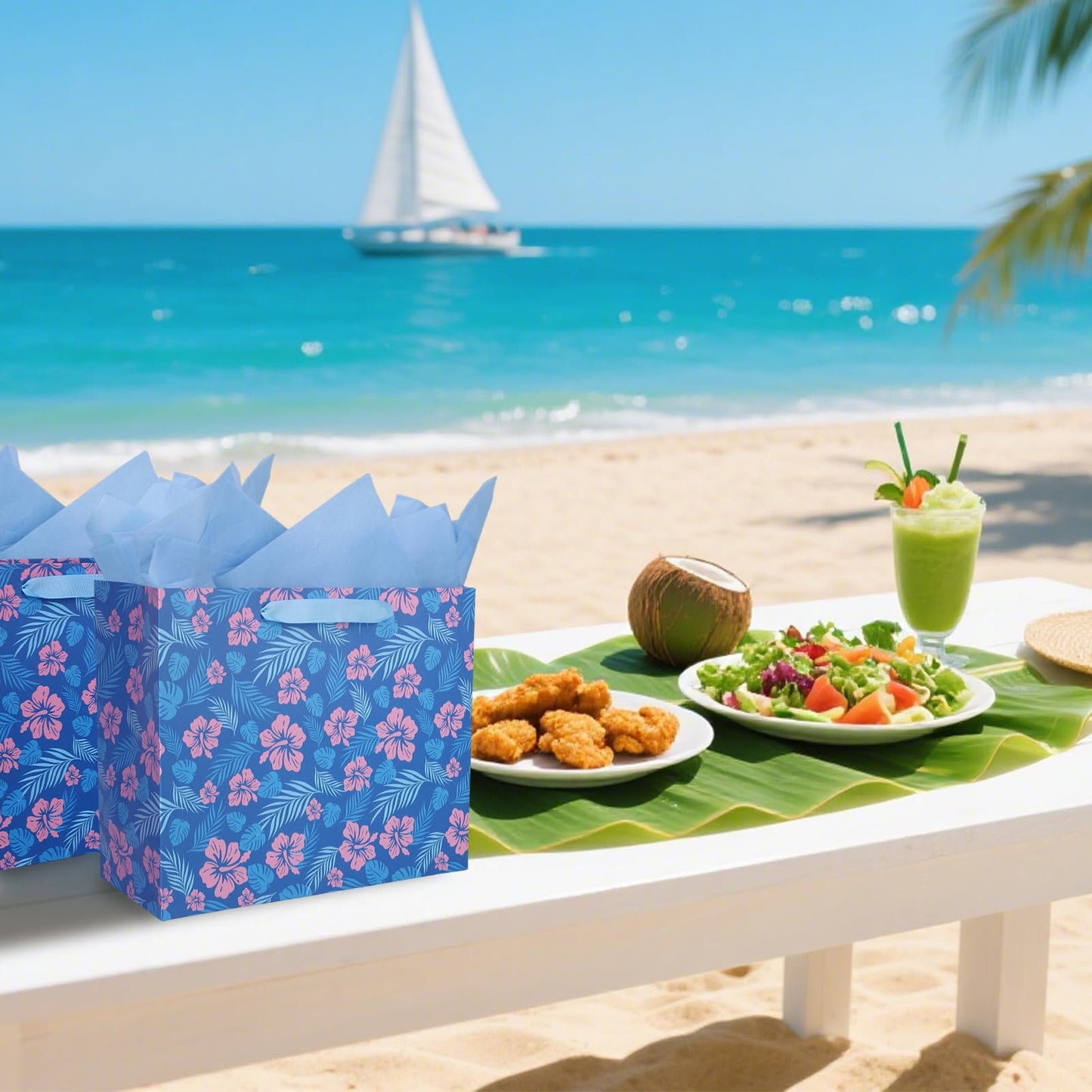 SAVITA Cute Hawaii Gift Bag Set, Blue & Pink Cartoon Party Favors Gift Goodie Bag Set with 3 Tissue Paper Envelopes Greeting Birthday Cards Hawaiian Favor Wrap for Baby Shower Holiday Party Supplies