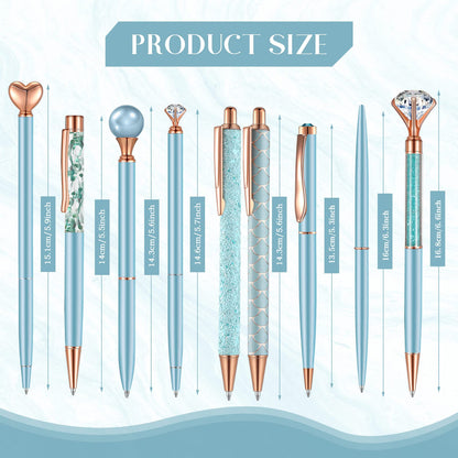 Janmini 9 Pcs Ballpoint Pens Set Metal Crystal Diamond Glitter Pens for Journaling Black Ink Pretty Cute Things Fancy Stationery Gifts for Women Girls Birthday Home Office Desk(Blue)