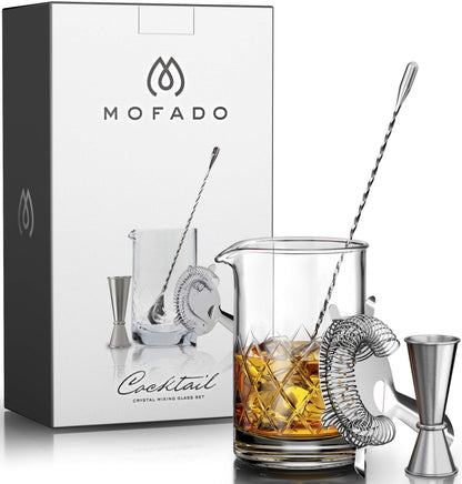 MOFADO. Premium Crystal Cocktail Mixing Glass Set - Professional Bartender Tools/Bar Accessories - Thick Bottom Pitcher/Beaker,Jigger, Muddler, Spoon-4 piece (24 Oz) Ideal Gift