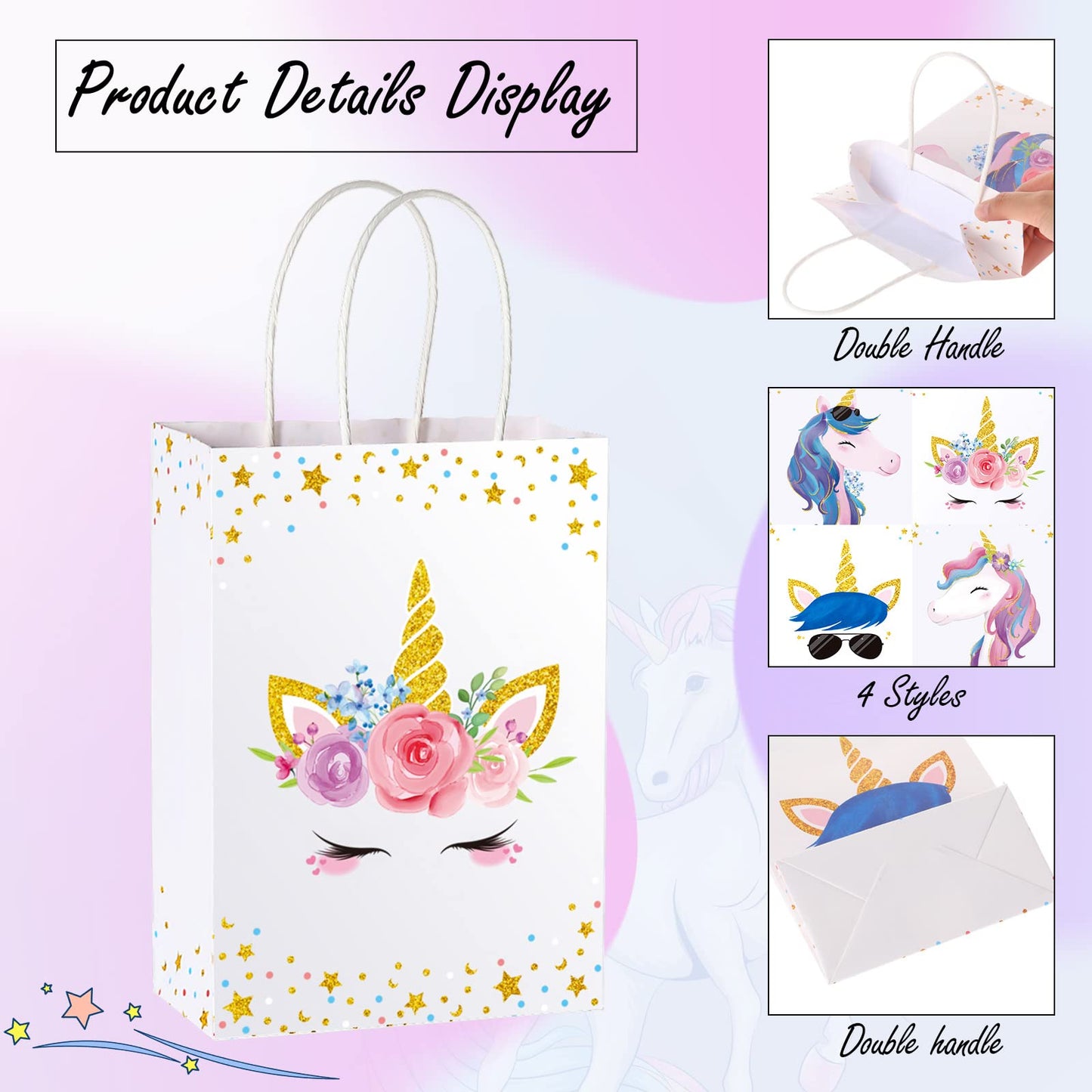 Crtiin 24 Pcs Unicorn Party Favor Bags for Birthday Party Supplies, Unicorn Gift Bag Goody Treat Candy Bags for Valentines Day Baby Shower Birthday Carnival Festivals Decorations