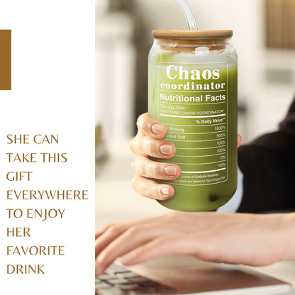 Thank You Gifts for Women, Boss, Coworker, Manager, Office, Teacher, Nurse, Mom - Chaos Coordinator Gifts - Administrative Professional Day Gift, Boss Lady Birthday Gift Ideas - 16 Oz Can Glass
