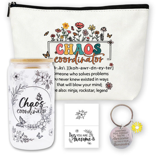 Chaos Coordinator Gifts for Women, Thank You Gift Set with 16OZ Glass Cup Makeup Bag Keychain and Card for Coworker Employee Manager Boss, Mothers Day Birthday Gifts for Mom Teacher