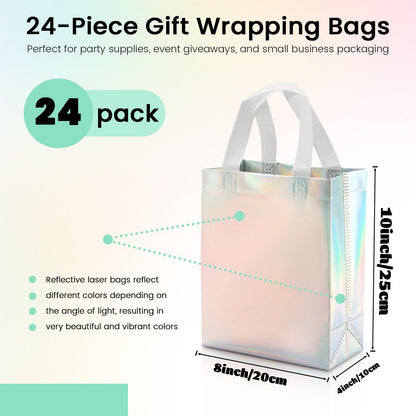 24 Pack Holographic Gift Bags With White Handles Non Woven Reusable Handled Gift Bags Iridescent Tote Bags Glossy Welcome Bags for Shopping Birthday Party Wedding, 8 x 4 x 10 Inch