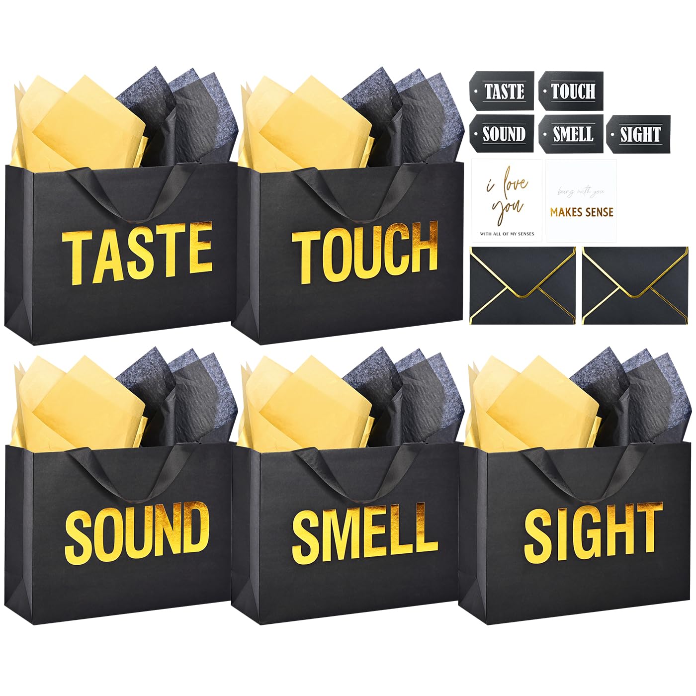 Large 5 Senses Gift Bags for Him with Labels, Envelopes and Cards,Gold Foil Five Senses Gift Bag for Her with Handles & Tissue Paper for Valentine's Day, Birthday, Wedding, Anniversary 12.6"X8.7"X4"