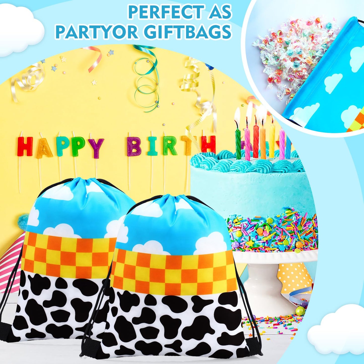 Abbylike 24 Pcs Cartoon Party Favor Bags Birthday Gift Candy Goodies Treat Drawstring Backpacks for Blue Sky Cloud Cow Party Room Decoration Prizes
