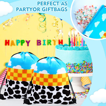 Abbylike 24 Pcs Cartoon Party Favor Bags Birthday Gift Candy Goodies Treat Drawstring Backpacks for Blue Sky Cloud Cow Party Room Decoration Prizes