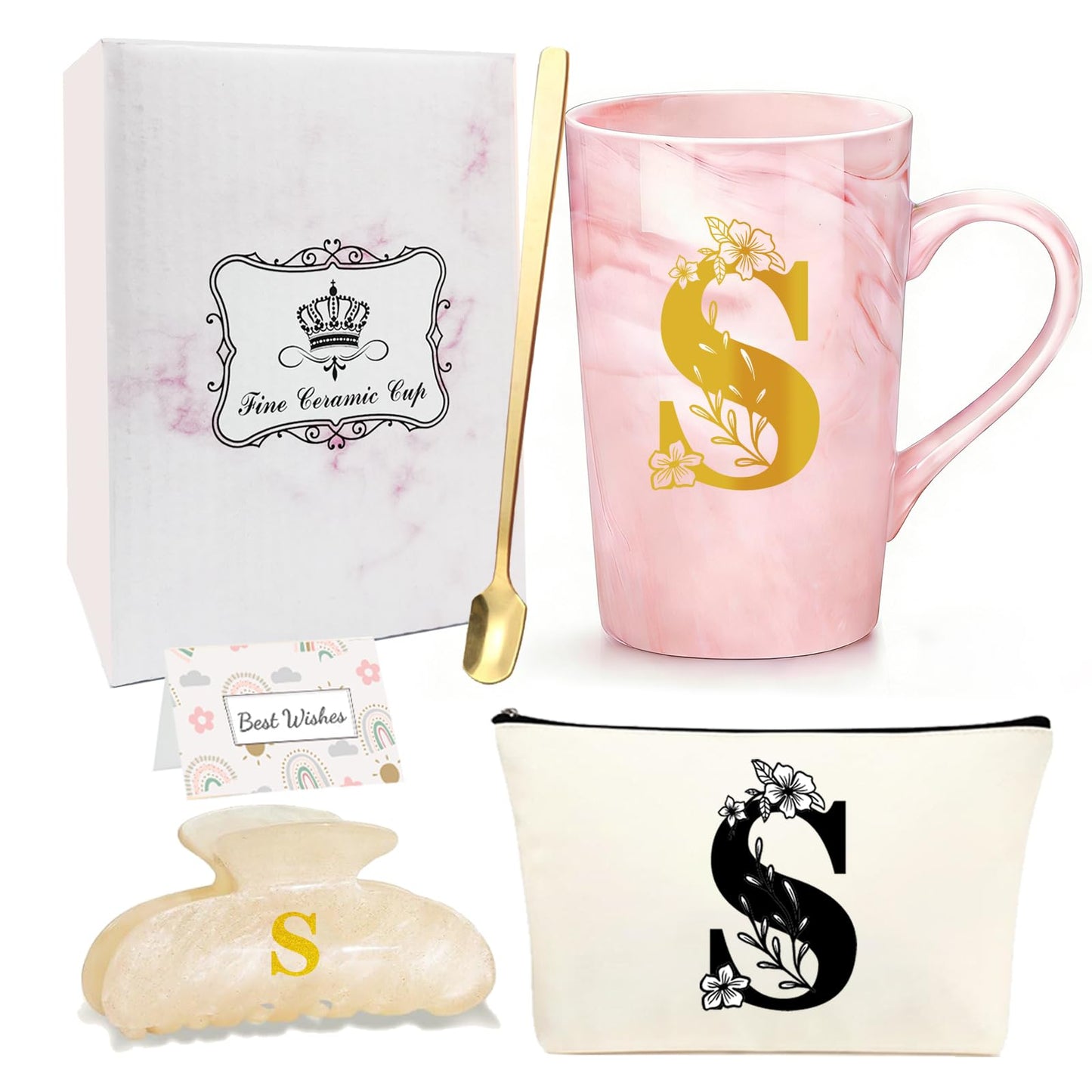 Initial Letter Gift Set for Women - Personalized Monogram Ceramic Mug Set - Initial Letter Gifts for Birthday, Bridesmaid, Mothers Day Gift for Her(S)