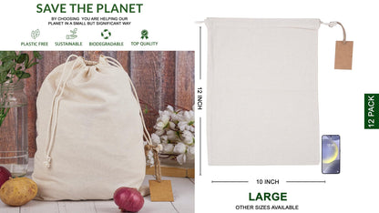Marubhumi Cotton Storage Bags with Drawstrings Large 10x12 Inch - 12 Pcs Reusable Muslin Bulk Flour Sack Bag,Cotton Fabric Bread Bags Bulk Food Produce Natural Storage Bag
