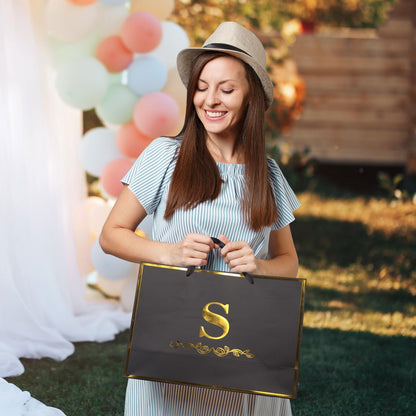 momoake Alphabet Birthday Gift Bag with Card and Tissue Paper for Men Women, 13" Large Black Gold Personalized Bridal Party Gift Paper Bag for Gifts Wrapping - (Letter J)