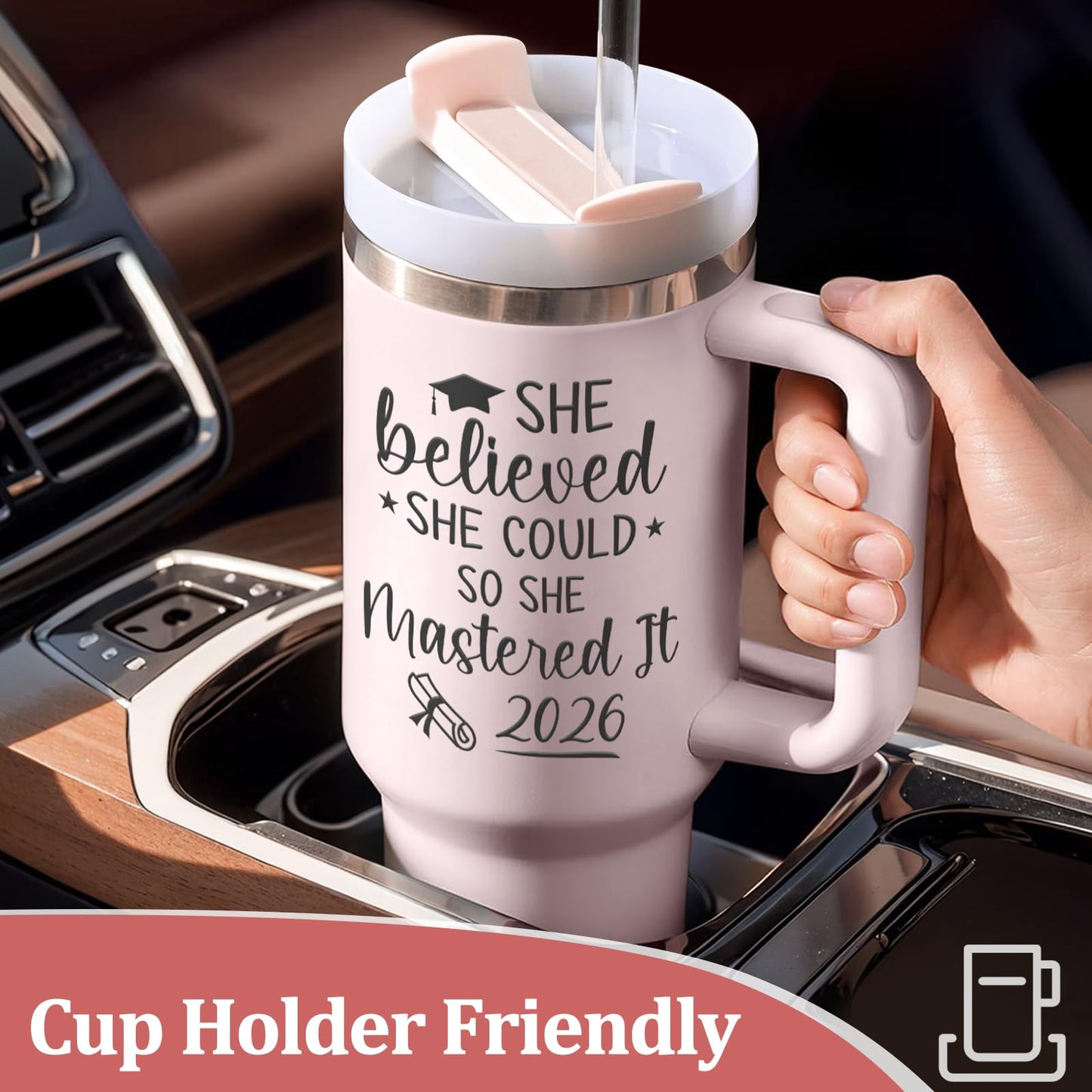 Lifecapido Graduation Gifts for Her, She Believed She Could So She Mastered It 2026 40oz Tumbler with Key Chain, College Masters Degree Graduation Gifts for Graduates Friends Classmates, Rose Quartz