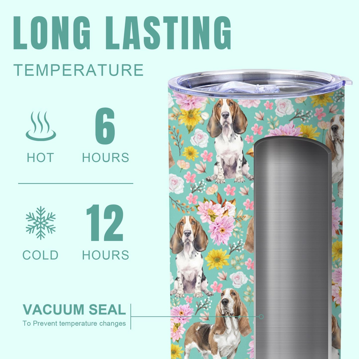 Basset Hound Gifts for Women, 20oz Stainless Steel Insulated Tumbler Travel Mug Cup with Lid Straw Brush, Gifts for Dog Mom Dog Lover