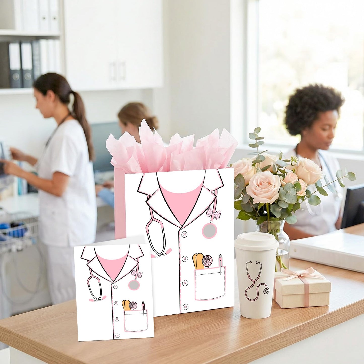 Loveinside 13" Large Pink Nurse Gift Bag for Wmen, Pink Medical Uniform Design Gift Bag with Tissue Paper, Crad for Nurses, Doctor, Nursing Graduation, Medical School, Thank You, 10" x 5" x 13", 1 Pcs