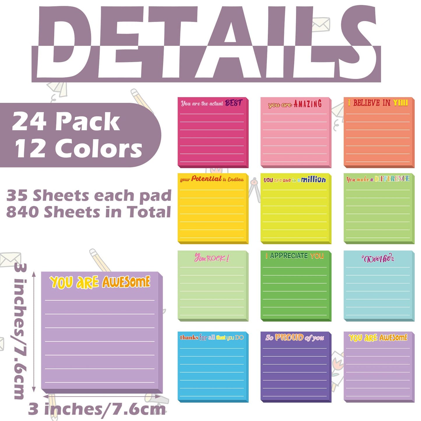 Yinder 24 Pcs Inspirational Sticky Notes Cute Motivational Sticky Notes Pad End of Year Employee Appreciation Gifts Bulk for Teacher Nurse Coworkers Office Supplies 3 x 3'' (Appreciation,Dark Color)
