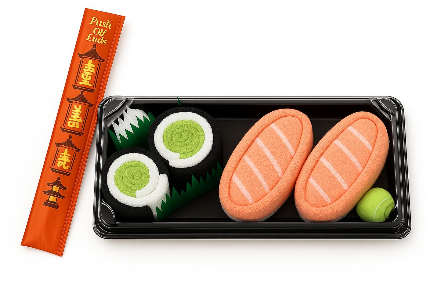 Sushi Socks Box: 2 pairs featuring Salmon Nigiri and Cucumber Maki designs. So cute and comfy! Stretchy, and unisex.