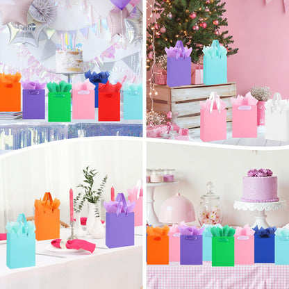 Ethhqu 12-Pack Orange Small Gift Bags with Handles - Includes 24 Tissue Papers, 6.3x4.7x2.4 Inches Mini Gift Card Bag for Birthday Party, Baby Shower, Wedding, Holiday