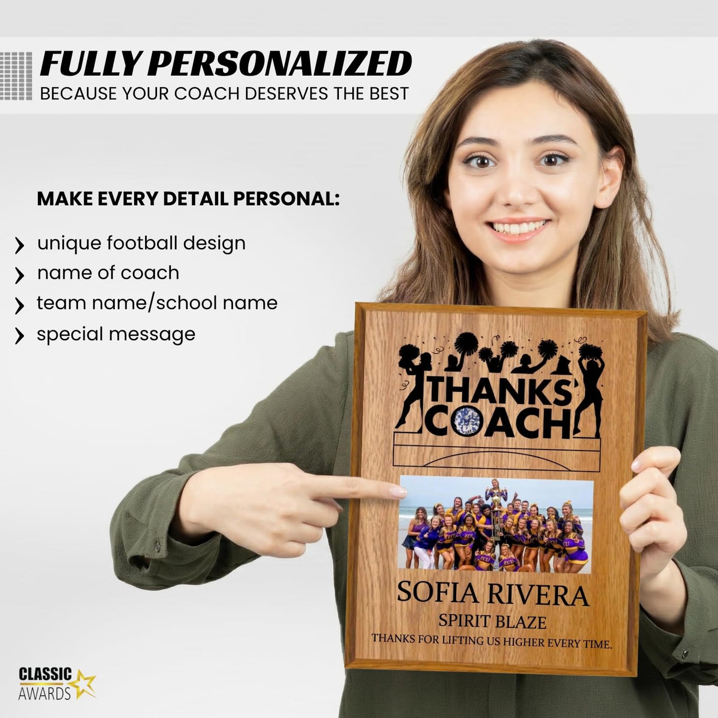 Personalized Coach Plaque - Custom Award with Name, Team Picture & Year - Coach Gift for Appreciation, Retirement, Soccer, Football, Baseball, Cheer (Cheerleading, 9" X 12")
