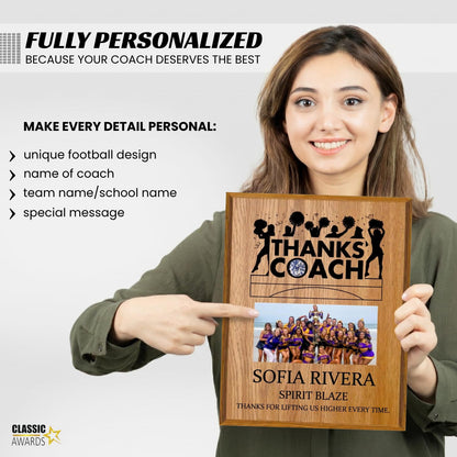 Personalized Coach Plaque - Custom Award with Name, Team Picture & Year - Coach Gift for Appreciation, Retirement, Soccer, Football, Baseball, Cheer (Cheerleading, 9" X 12")