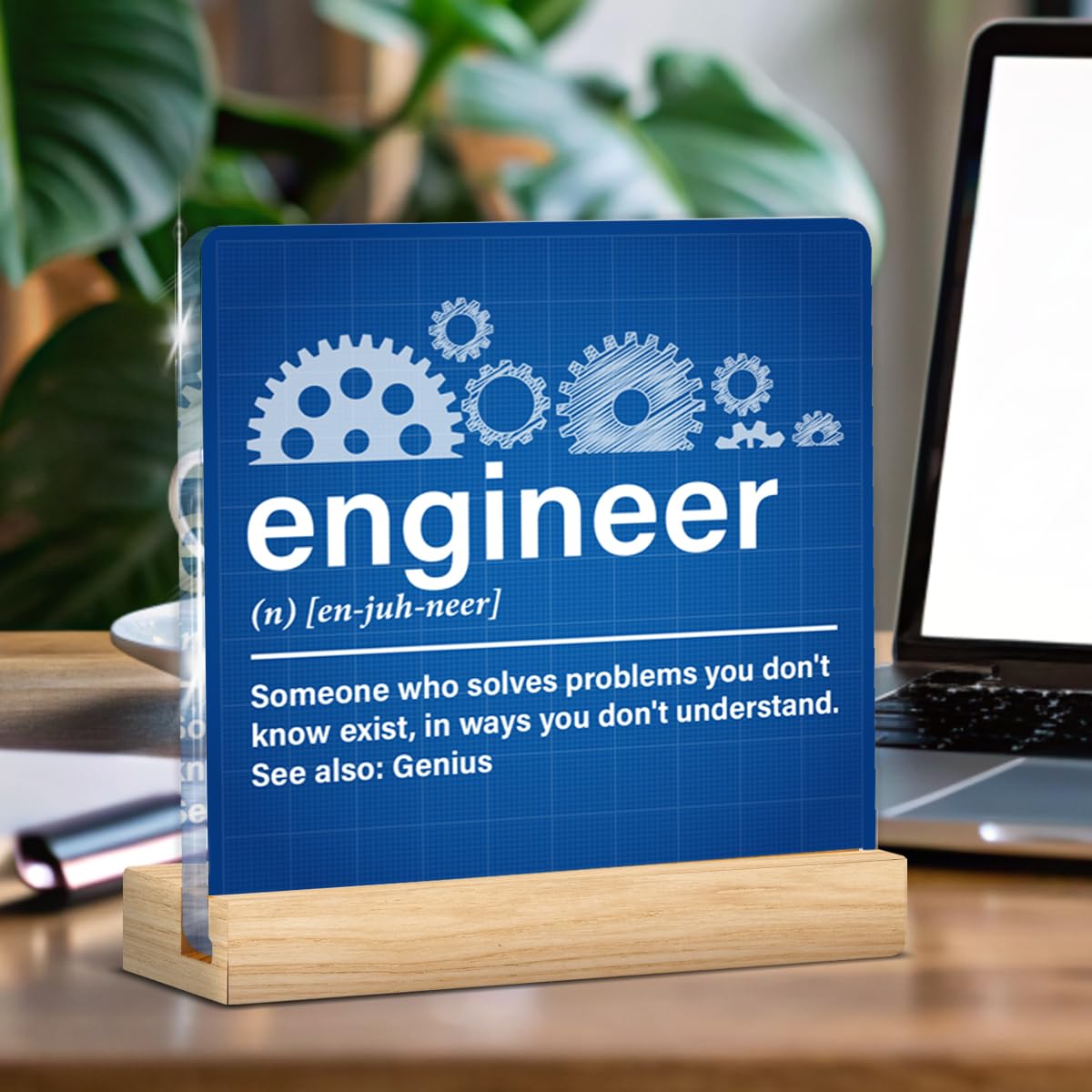 Engineer Gifts for Women Men, Gifts for Engineers Mechanical Engineering, Engineer Definition Acrylic Plaque Sign with Wood Stand Home Office Decor