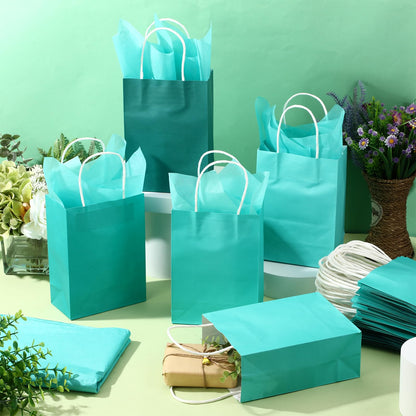 Kolldenn 50 Set Teal Blue Gift Bags with Tissue Paper 8.27 x 5.91 x 3.15 Inch Small Paper Bags with Handles Thank You Gift for Baby Shower Bridal Shower Wedding Party Favors Goodies