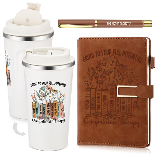 Pickmesh 3 Pcs Occupational Therapist Gifts Set 17 oz Coffee Tumbler A5 Leather Notebook Journal Pen Occupational Therapy Appreciation Ot Gifts for Women Men Graduation Birthday Holiday