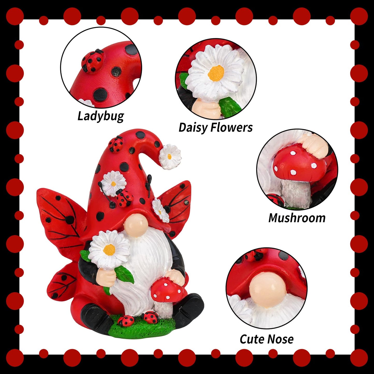 Ladybug Gnome Garden Decor, Fairy Gnome Figurine with Flowers, Spring Summer Outdoor Garden Decorations for Yard Lawn Patio, Garden Gifts for Women
