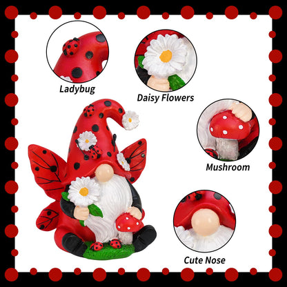 Ladybug Gnome Garden Decor, Fairy Gnome Figurine with Flowers, Spring Summer Outdoor Garden Decorations for Yard Lawn Patio, Garden Gifts for Women