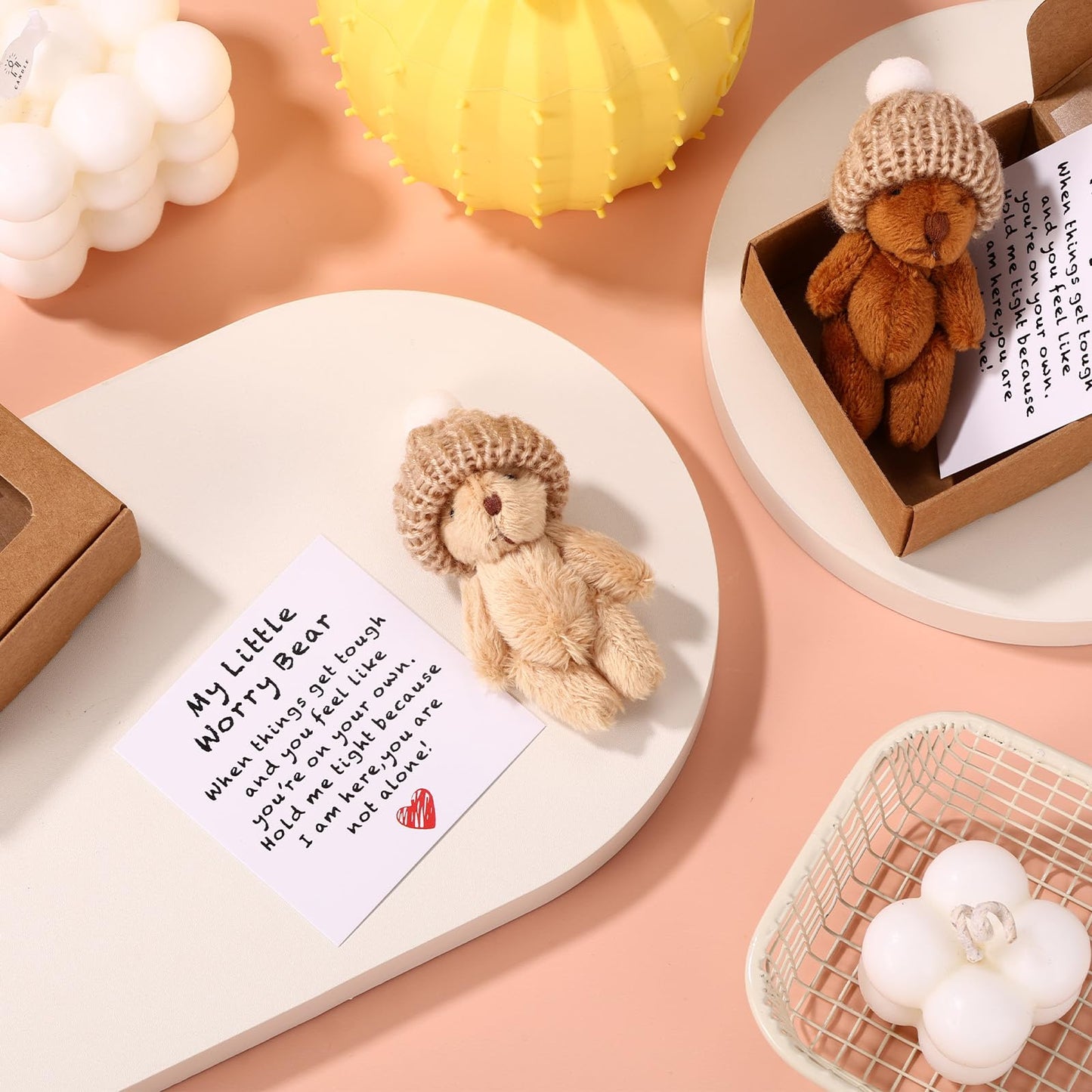 2 Sets Little Worry Bear in Box Tin with Hat, Handmade Positive Mini Pocket Bear with Encouragement Card Inspirational Toy for Friends Family Coworkers Gift (Khaki, Dark Brown)